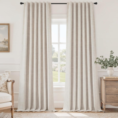 Faux-linen texture full-blackout fabric curtains; vintage pastoral style with versatile mounting options; light beige decorative curtains for living rooms and bedrooms (2-piece set)