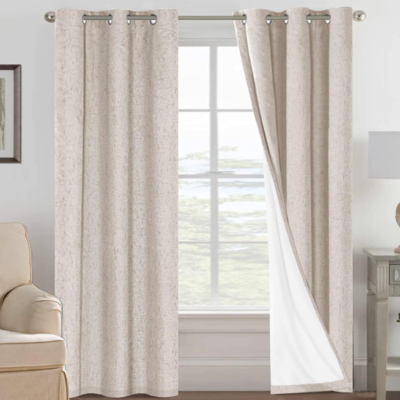 Textured cotton-linen full-blackout grommet curtains; thermal-regulating, light-blocking lined fabric drapes; soft natural-tone long curtains for living rooms (2-piece set)