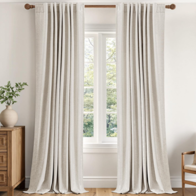 Cream-toned cotton-linen full-blackout fabric curtains; thermal-regulating, light-blocking long drapes with dual mounting options; minimalist décor for bedrooms and living rooms (2-piece set)