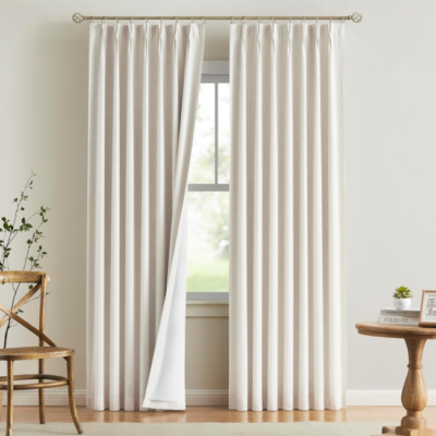 Blended cotton-linen high-blackout pinch-pleat hook curtains; thermal-regulating, textured long fabric drapes (2-piece set) Versatile window treatments for living rooms and bedrooms