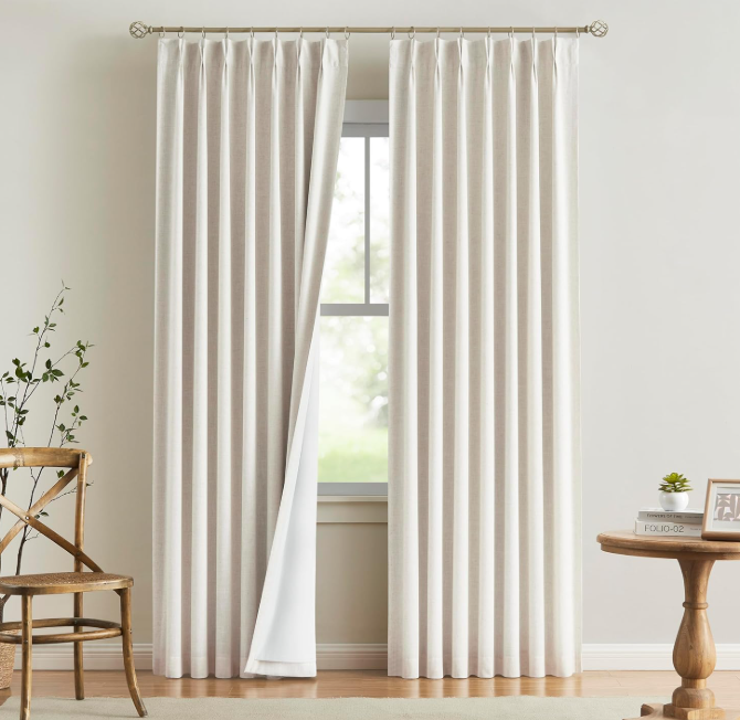 Blended cotton-linen high-blackout pinch-pleat hook curtains; thermal-regulating, textured long fabric drapes (2-piece set) Versatile window treatments for living rooms and bedrooms