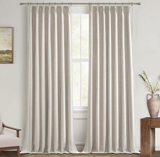 Extra-long cotton-linen blackout curtains (2-piece set): Soft off-white pinch-pleated thermal drapes for a cozy nursery atmosphere