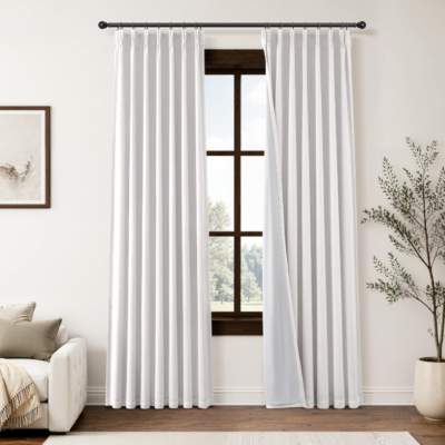 Cotton-linen blend pinch-pleated blackout curtains (2-piece set): Long, textured thermal drapes with hooks—vintage-style soft furnishings for living rooms and bedrooms