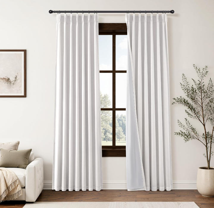 Cotton-linen blend pinch-pleated blackout curtains (2-piece set): Long, textured thermal drapes with hooks—vintage-style soft furnishings for living rooms and bedrooms