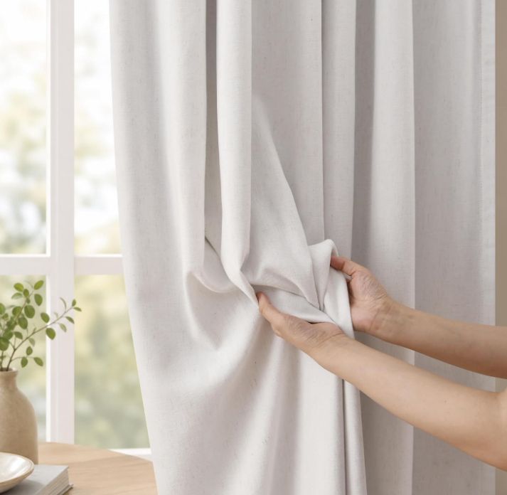 Cotton-linen blend pinch-pleated blackout curtains (2-piece set): Long, textured thermal drapes with hooks—vintage-style soft furnishings for living rooms and bedrooms - Image 2
