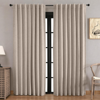 Faux-linen full-blackout curtains (2-piece set): Long thermal drapes with dual-mounting options—essential soft furnishings for bedrooms and living rooms