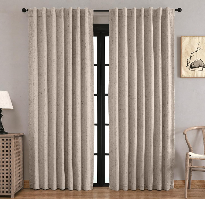 Faux-linen full-blackout curtains (2-piece set): Long thermal drapes with dual-mounting options—essential soft furnishings for bedrooms and living rooms