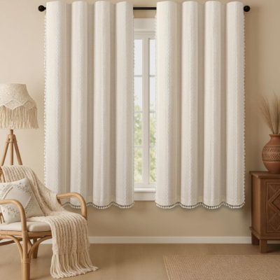Vintage pastoral-style embroidered cotton-linen semi-blackout curtains (2-piece set): Bohemian grommet-top drapes—long window treatments for living rooms and bedrooms