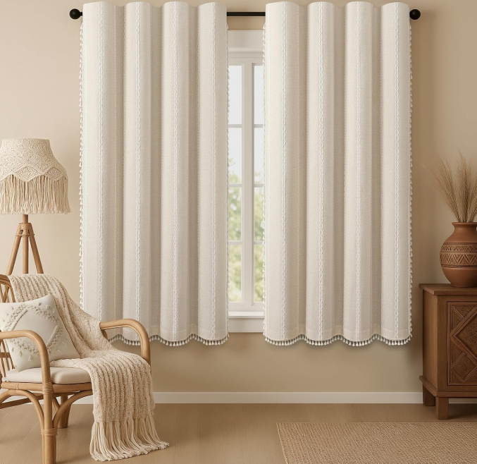 Vintage pastoral-style embroidered cotton-linen semi-blackout curtains (2-piece set): Bohemian grommet-top drapes—long window treatments for living rooms and bedrooms