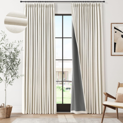 Long floor-length pinch-pleated cotton-linen blackout curtains (2-piece set): Beige thermal-insulated drapes—minimalist soft furnishings for living rooms and bedrooms