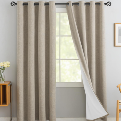 Textured cotton-linen blackout curtains; thermal-insulating, grommet-style long drapes for bedrooms and living rooms; soft off-white base with light-blocking properties (2-piece set)