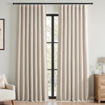 Oatmeal-textured cotton-linen blackout curtains (2-piece set): Sound-insulating thermal drapes—long, country-style window treatments for a serene bedroom