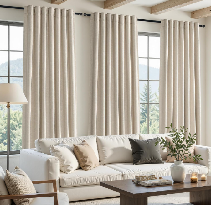 Oatmeal-textured cotton-linen blackout curtains (2-piece set): Sound-insulating thermal drapes—long, country-style window treatments for a serene bedroom - Image 2