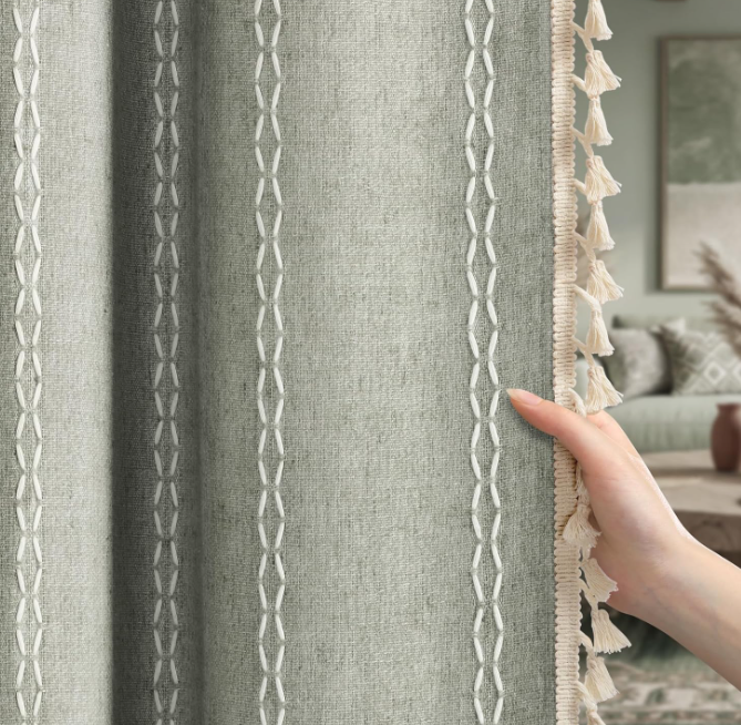 Sage green Bohemian-style cotton-linen blackout curtains (2-panel set); features embroidered tassel texture; vintage pastoral style for living rooms and bedrooms.