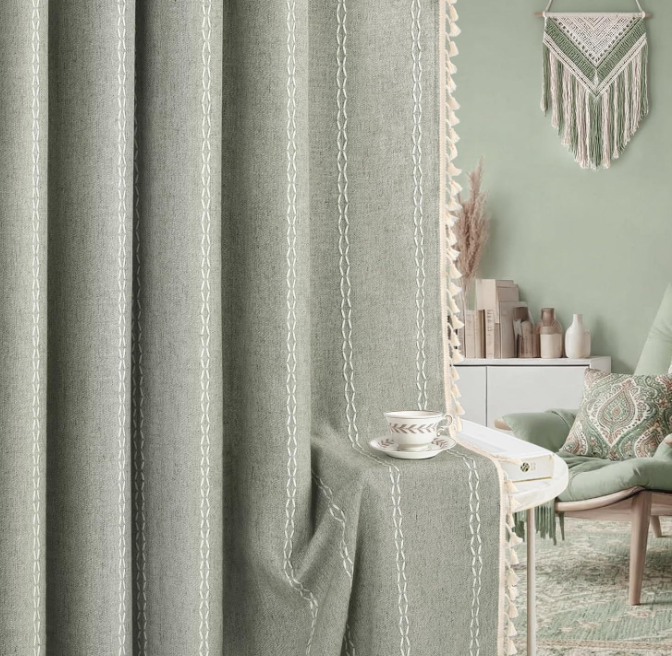 Sage green Bohemian-style cotton-linen blackout curtains (2-panel set); features embroidered tassel texture; vintage pastoral style for living rooms and bedrooms. - Image 2