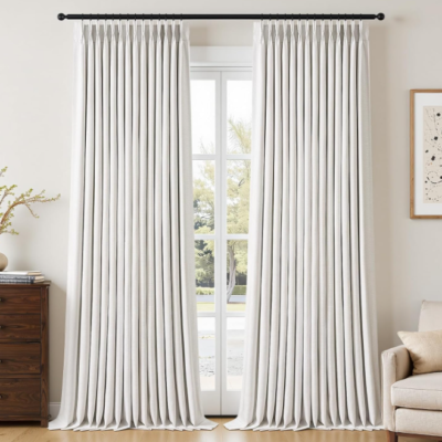 Natural wood-style pinch-pleat cotton-linen blackout curtains (2-panel set); textured fabric for temperature regulation and light blocking; minimalist soft white decor.