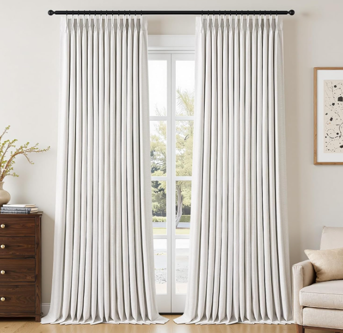 Natural wood-style pinch-pleat cotton-linen blackout curtains (2-panel set); textured fabric for temperature regulation and light blocking; minimalist soft white decor.