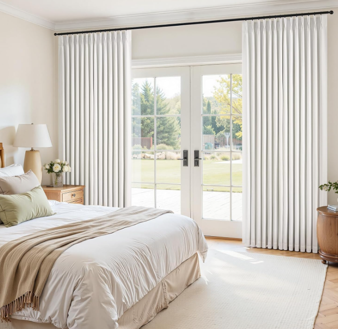 Natural wood-style pinch-pleat cotton-linen blackout curtains (2-panel set); textured fabric for temperature regulation and light blocking; minimalist soft white decor. - Image 2