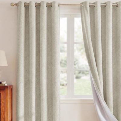 Beige-toned blended cotton-linen blackout curtains (2-panel set); built-in blackout lining for temperature control and noise reduction; soft, casual style for bedrooms.