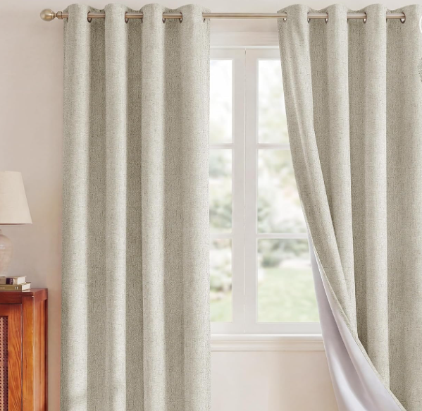 Beige-toned blended cotton-linen blackout curtains (2-panel set); built-in blackout lining for temperature control and noise reduction; soft, casual style for bedrooms.