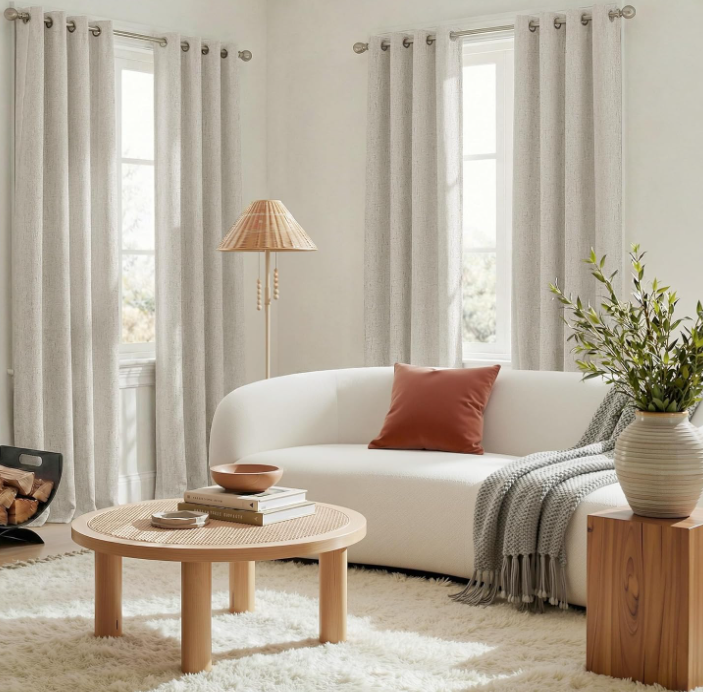 Beige-toned blended cotton-linen blackout curtains (2-panel set); built-in blackout lining for temperature control and noise reduction; soft, casual style for bedrooms. - Image 2