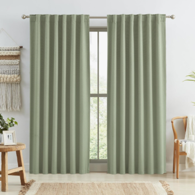 Sage green cotton-linen blackout curtains (2-panel set); textured fabric with versatile installation options; Bohemian style for bedrooms and living rooms.