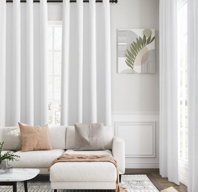 Minimalist pure white cotton-linen blackout curtains (grommet style); textured fabric for temperature control and light blocking; suitable for bedrooms, balconies, and sliding doors. - Image 2