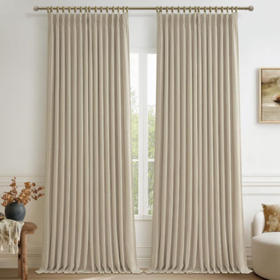 Thick, high-quality pinch-pleat cotton-linen blackout curtains (2-panel set); soft beige tone for temperature regulation; thermal-insulating and energy-saving floor-length drapes.
