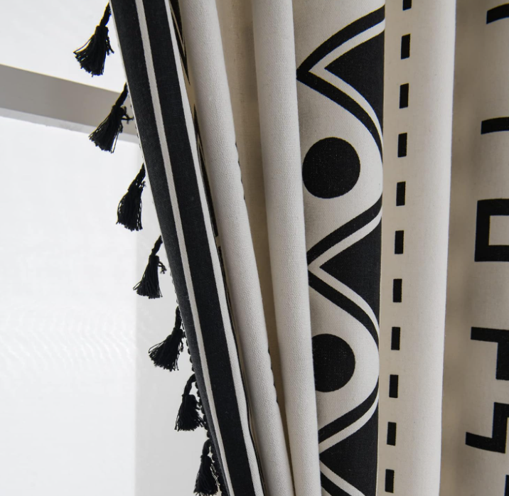 Black and white geometric print cotton-linen semi-blackout curtain (single panel); Bohemian tassel style with grommet hanging; distinctive decor for bedrooms. - Image 2