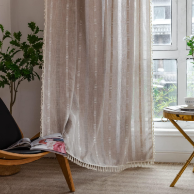 Bohemian-style embroidered and tasseled cotton-linen semi-blackout curtains; pastoral striped long fabric drapes; suitable for bedroom and living room décor (2-piece set)