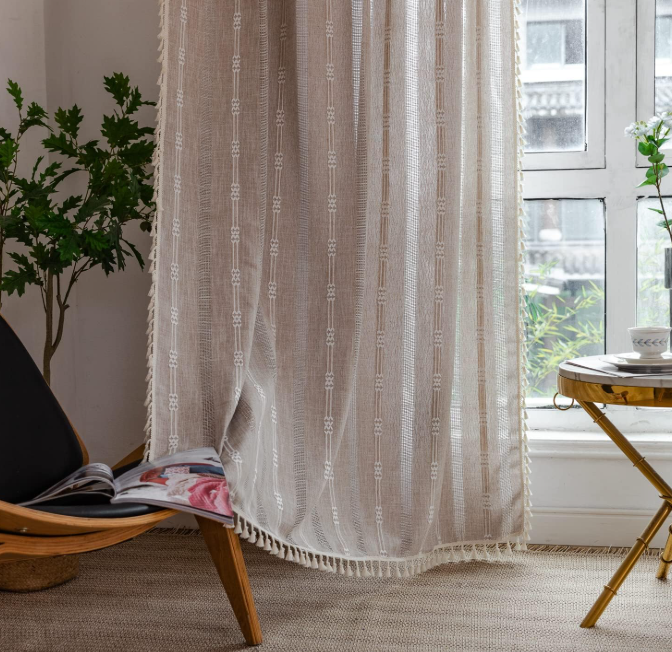 Bohemian-style embroidered and tasseled cotton-linen semi-blackout curtains; pastoral striped long fabric drapes; suitable for bedroom and living room décor (2-piece set)