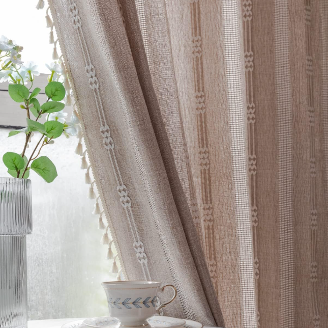 Bohemian-style embroidered and tasseled cotton-linen semi-blackout curtains; pastoral striped long fabric drapes; suitable for bedroom and living room décor (2-piece set) - Image 2