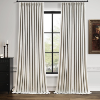Modern pastoral-style blended cotton-linen pinch-pleat blackout curtains (2-panel set); temperature-regulating and light-blocking; soft, versatile decor for living rooms and bedrooms.