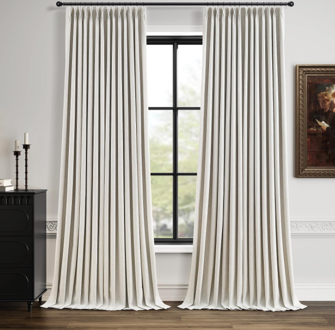 Modern pastoral-style blended cotton-linen pinch-pleat blackout curtains (2-panel set); temperature-regulating and light-blocking; soft, versatile decor for living rooms and bedrooms.