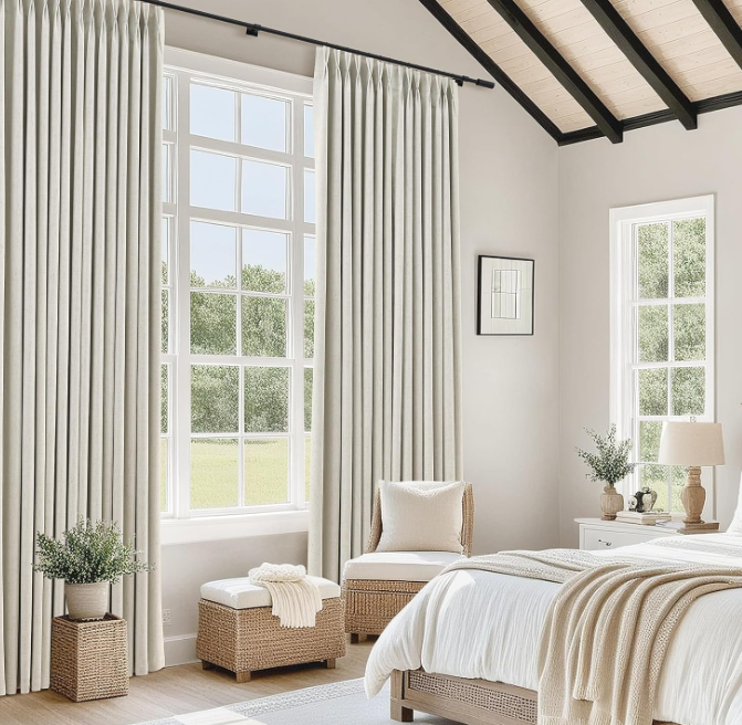 Modern pastoral-style blended cotton-linen pinch-pleat blackout curtains (2-panel set); temperature-regulating and light-blocking; soft, versatile decor for living rooms and bedrooms. - Image 2