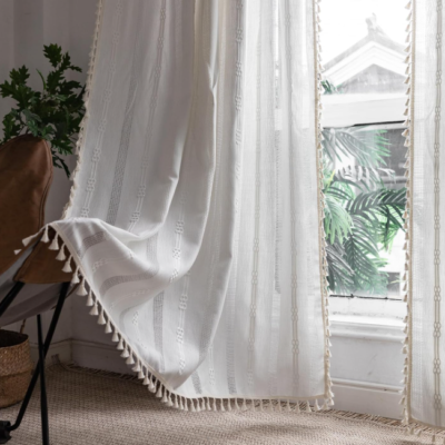 Off-white embroidered striped cotton-linen semi-blackout curtain set; soft light-filtering long fabric drapes; minimalist country style for living rooms and bedrooms (2-panel set)