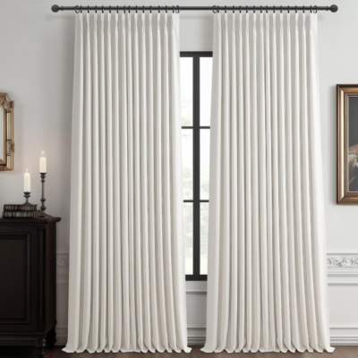 Thickened thermal-insulating cotton-linen full-blackout floor-length curtains; modern pinch-pleat beige fabric drapes; light-blocking décor for sliding glass doors (2-piece set)