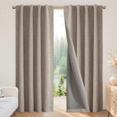 Versatile-mount cotton-linen full-blackout fabric curtains; thermal-regulating, light-blocking long drapes; suitable for bedrooms and living rooms (2-piece set)
