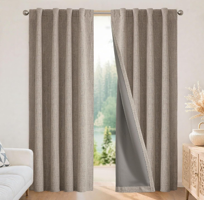 Versatile-mount cotton-linen full-blackout fabric curtains; thermal-regulating, light-blocking long drapes; suitable for bedrooms and living rooms (2-piece set)