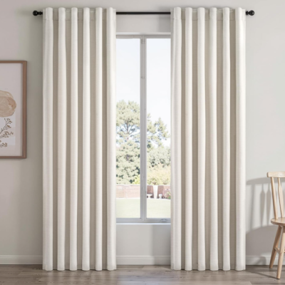 Cream-toned blended cotton-linen blackout curtains; pleated, thermal-regulating, energy-saving fabric drapes with multiple mounting options; long decorative curtains for bedrooms (2-piece set)