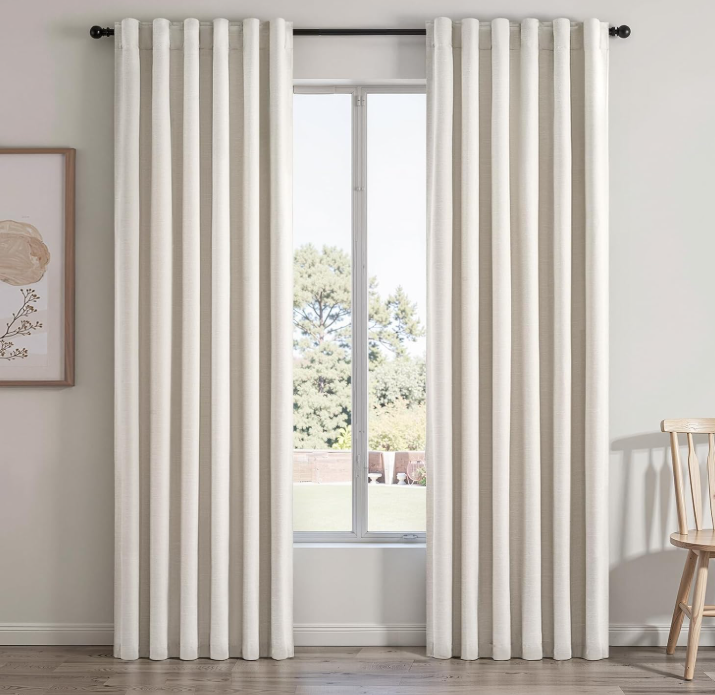 Cream-toned blended cotton-linen blackout curtains; pleated, thermal-regulating, energy-saving fabric drapes with multiple mounting options; long decorative curtains for bedrooms (2-piece set)