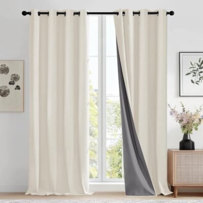 Linen-Textured Coated Blackout Perforated Curtain Two-Piece Set, Cream-Tone Constant Temperature Insulation Fabric Curtain, Basic Soft Furnishing for Bedroom and Living Room