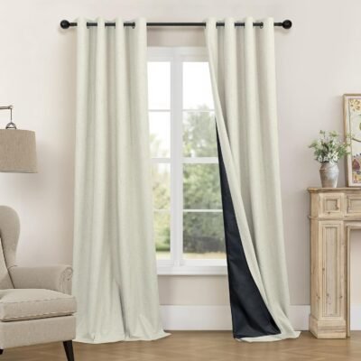 Light brown cotton-linen blackout curtain set (2 panels) with canvas-like texture and grommet header; thickened fabric; suitable for sliding doors and floor-to-ceiling windows