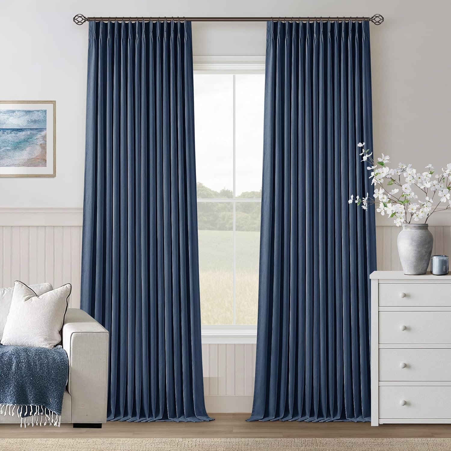 Navy blue double-layer structured cotton-linen blackout pinch-pleat curtains; lined for light and noise reduction; vintage pastoral style for floor-to-ceiling windows