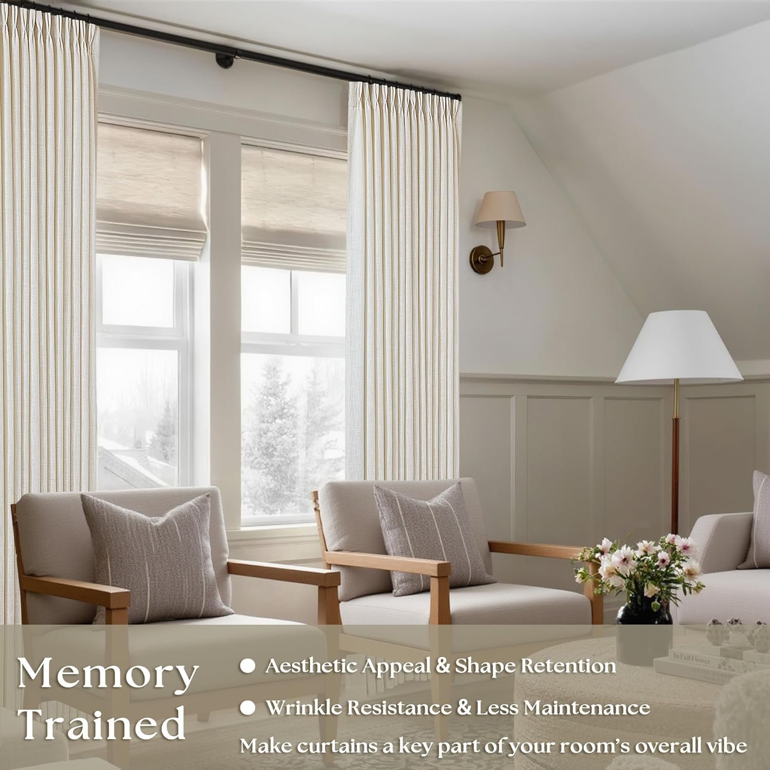 Shaped Three-Dimensional Pleated Cotton-Linen Semi-Sheer Curtain Two-Piece Set, Matching Hooks and Rings, Soft Light Fabric Curtain, Natural Texture Window Decoration for Living Room and Bedroom - Image 2