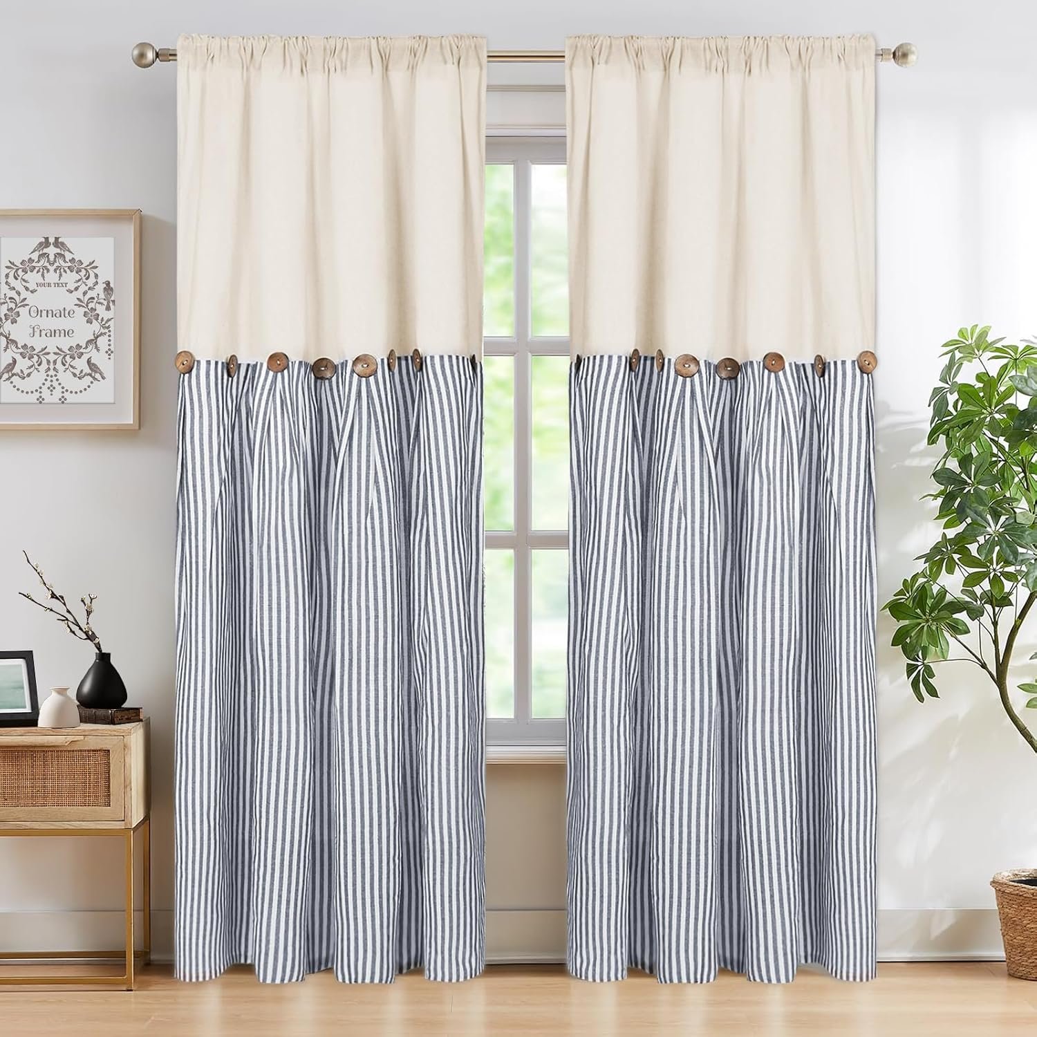 Blue striped cotton-linen blackout curtain set (2 panels) with button detailing; vintage Bohemian style with back-tab hanging; soft furnishing for living rooms and bedrooms - Image 2