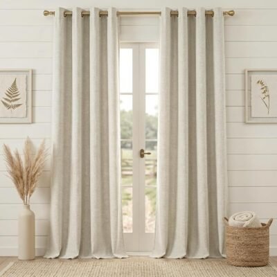 Textured, thickened cotton-linen blackout curtain set (2 panels) with grommet header; natural wood-inspired style in soft, organic tones; versatile minimalist blackout curtains
