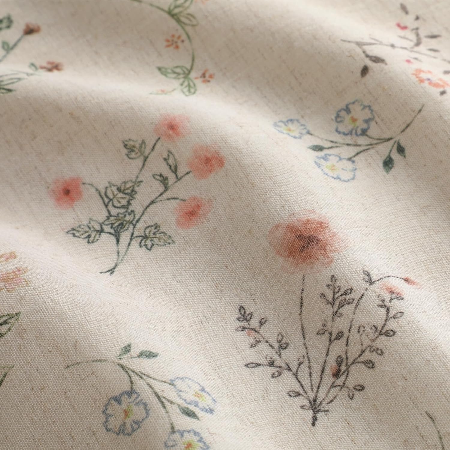 Bohemian floral print cotton-linen blackout curtain set (2 panels); beige textured fabric with tassels and grommet header; vintage pastoral style soft furnishing - Image 2