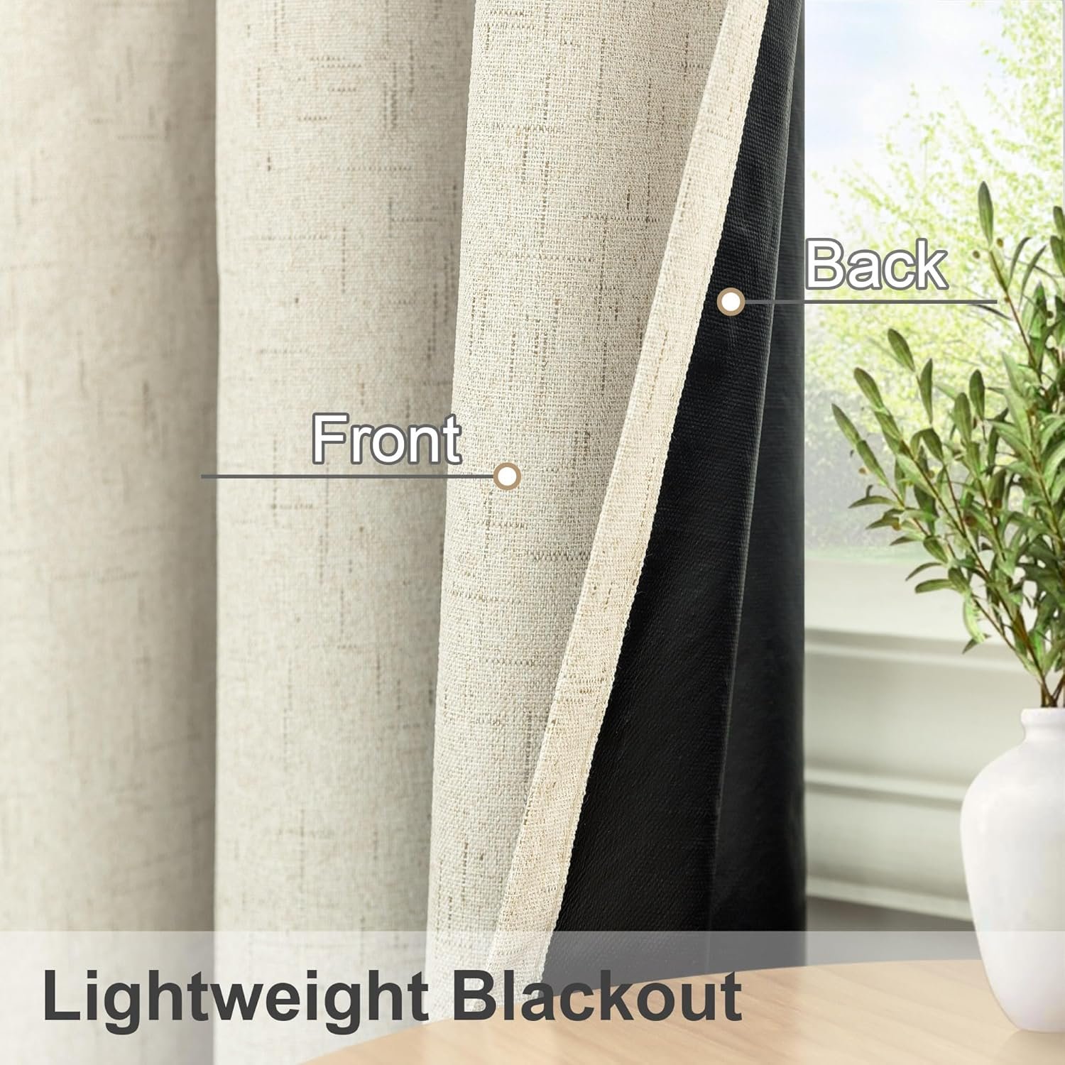 Light brown cotton-linen blackout curtain set (2 panels) with canvas-like texture and grommet header; thickened fabric; suitable for sliding doors and floor-to-ceiling windows - Image 2