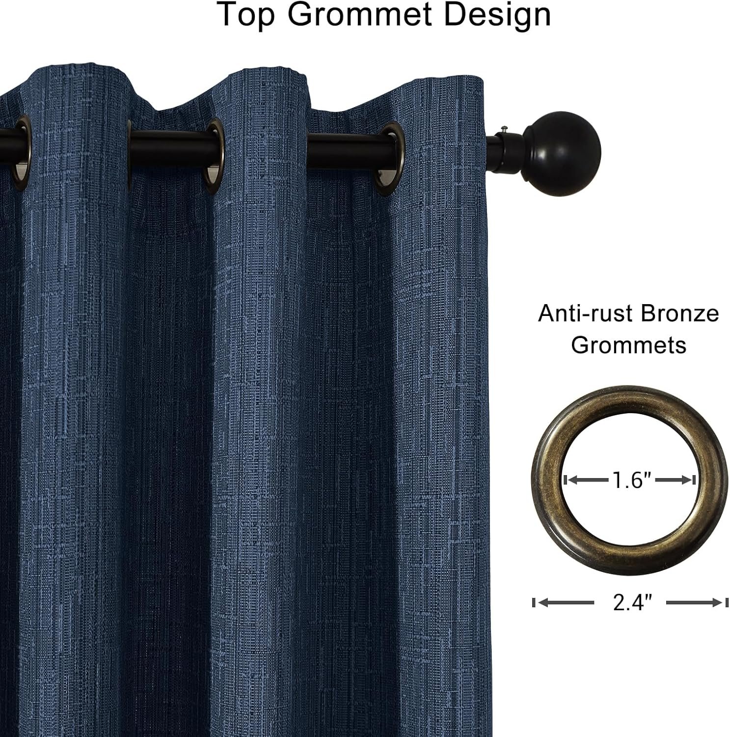 Navy blue long linen-blend blackout perforated curtain set, coarse linen texture, rustic living room floor-length fabric hanging curtains. - Image 2